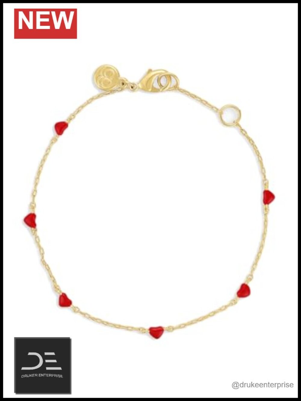 18k Gold Plated Link Bracelet Red Enamel Hearts Adjustable Chain